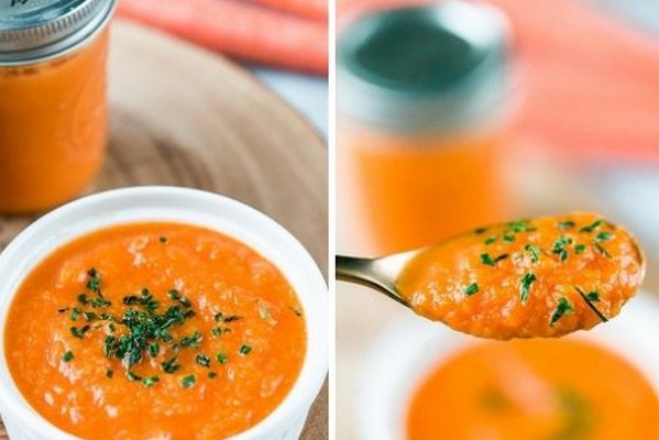 Морковный суп-пюре с бататом, пряностями, грибами и фруктами